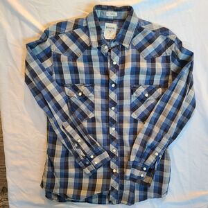Fossil Mens Pearl Snap Shirt Size Medium Blue Plaid Long Sleeve‎ Pockets